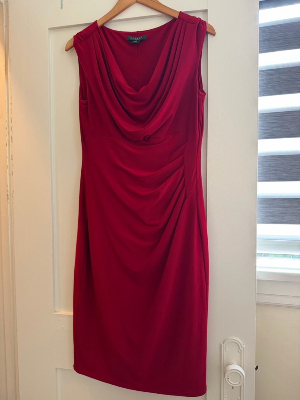 Ralph Lauren Red Draped Cowl Midi Sheath Dress